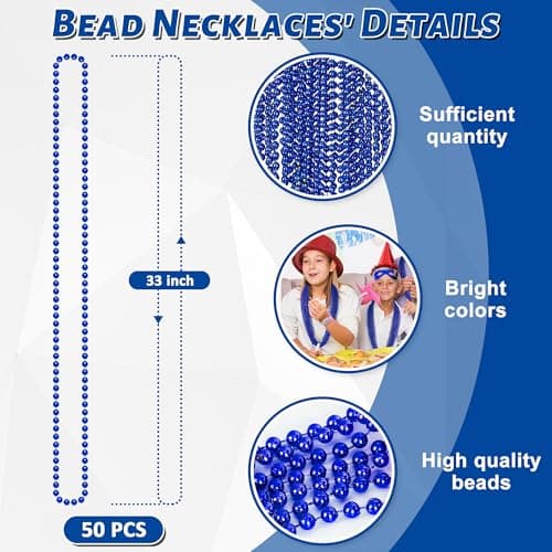 24PCS Christmas Bead Necklace, Blue Bead Necklaces Stuff, 33" Mardi Gras Beads Necklace Costume, Festival Parade Throw Accessories for Wedding Birthday Gender Reveal Party Events Supplies Decorations — view 4