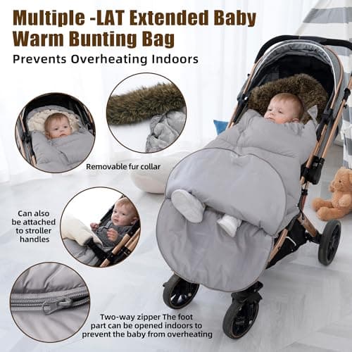 LAT Baby Warm Bunting Bag Universal,Extended and Removable,Stroller Sleeping Bag Cold Weather,Waterproof Toddler Footmuff(Oval,Gray) — view 4