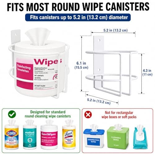 Wall Mount Cleaning Wipes Holder for Clorox & Lysol Wipe Canisters, Metal Wipes Canister Wall Bracket Fits up to 5.2" Diameter, Adhesive or Screw Mount Organizer for Kitchen Bathroom Gym Office — view 2