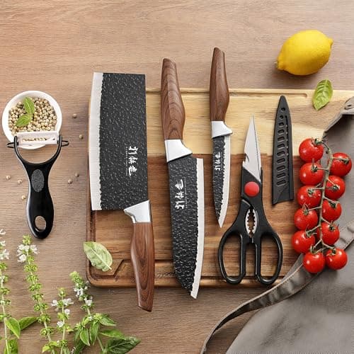 5 PCS kitchen Chef Knife Set, include 7 inch cleaver, 7 inch Santoku, 4.5 inch utility knife, Kitchen Scissors and Peeler — view 5
