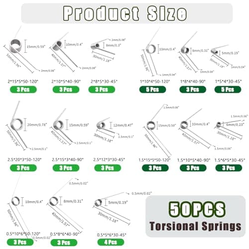 Ruibapa 50Pcs Torsional Springs Assortment Kit 15 Sizes 304 Stainless Steel,45/90/120 Degree for Home Repairs & DIY Springs Assortment