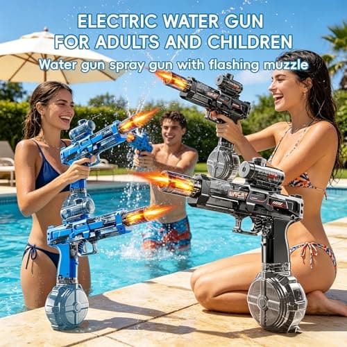 2PCS Electric Water Guns for Adults & Kids, Automatic Squirt Pistols (Black + Blue) with LED Light & Sound, Rechargeable, Long Range – Summer Outdoor Pool Beach Party Toys, 4 Batteries & 2 Cables — view 5