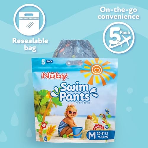 Nuby Swim Pants for Toddlers - 5 Pack - Toddler Swim Diapers with Stretchy Waistline, Tear-Away Sides, Water-Resistant Outer Layer & Leak-Preventing Cuffs - Size Medium (20-31 lbs) — view 5