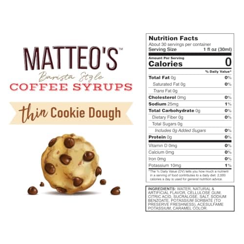 Matteo's Cookie Dough Syrup for Coffee, Lattes, Cappuccinos & Desserts – Sugar-Free Sweetener for Beverages, Keto Friendly, Zero Calories, Indulgent Flavor, Non-Alcoholic, 33.8oz (1pk)