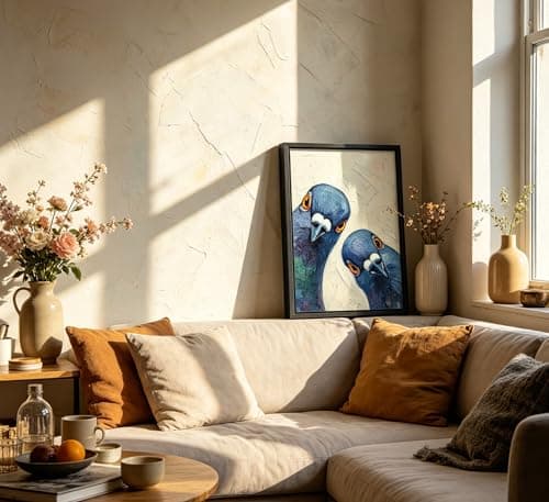 Framed Whimsical Pigeon Wall Art, Blue Birds Oil Painting Canvas Prints, Funny Bird Portrait Wall Decor, Modern Animal Poster Artwork, for Living Room Bedroom Bathroom Decoration, 8x10in — view 3