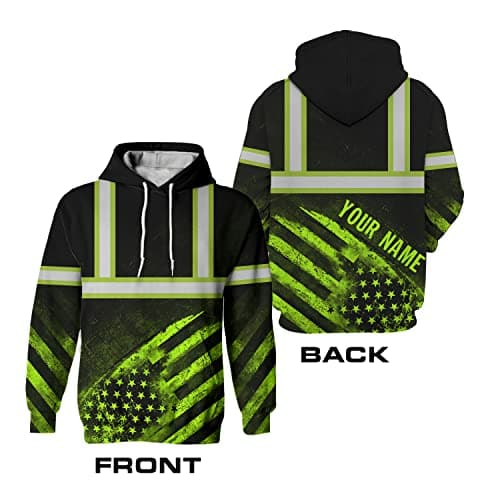HiVis Custom Safety Hoodie - Green US Flag Customize Name High Visibility Hoodie for Men - Reflective Workwear for Runners, Walkers, Truckers, Operators, Patriotic — view 4