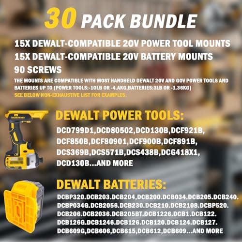 ANIRUDH 30 Pack Power Tool & Battery Holder for Dewalt | Heavy Duty Mounts, Compact Storage Solution for Garage, Workshop & Utility Rooms (15 Tool + 15 Battery Docks) (30, Yellow)
