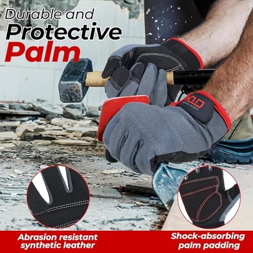 HANDLANDY Mens Work Gloves Touch screen, Synthetic Leather Utility Gloves, Flexible Breathable Fit- Padded Knuckles & Palm (Large)