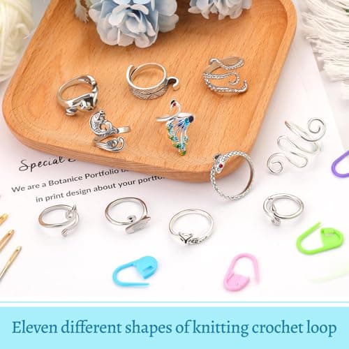 FOUSNOW 11 Pcs Crochet Ring, Adjustable Knitting Tension Rings, Finger Loop Yarn Rings Crochet Ring for Finger, Cat Guide Knitting Thimble, Faster Knitting Accessories for Mother Grandma — view 2