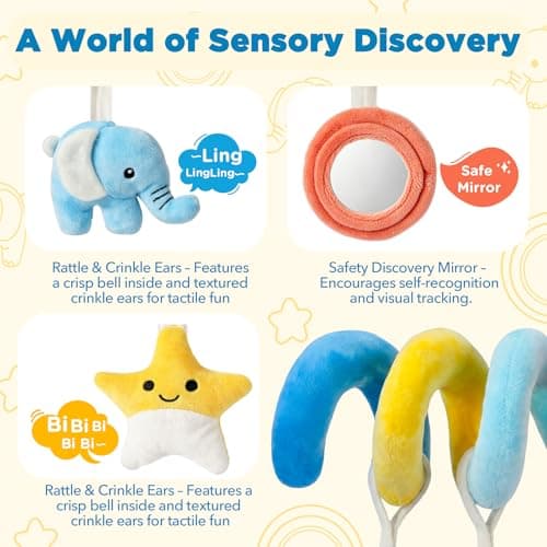 URMYWO Spiral Car Seat Baby Toys 0-6 Months, Nordic Style Sensory Toy for Newborn, Infant Hanging Stroller Toys with Rattle & 3D Crinkle, Squeaker, Mirror, Baby Shower Gift Essentials — view 2
