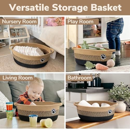 HiChen Dog Storage Bin, Baby Basket for Gifting, Wicker Storage Baskets for Dog, Cute Basket with Handles, Small Woven Baskets for Nursery 12"x 8" x 5" Black-Brown — view 3