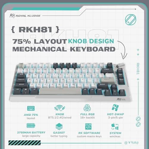 RK ROYAL KLUDGE H81 Hot Swappable Mechanical Keyboard, Triple Mode 2.4Ghz/BT5.1/USB-C Knob Control Wireless Gaming Keyboard Gasket Mounted with RGB Backlit SkyCyan Switch, 75% Layout 81 Keys