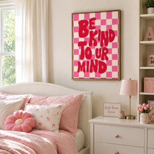 Framed“Be Kind to UR Mind”Canvas Wall Art,Pink Preppy Inspirational Painting Picture Wall Decor,Fashion Girly Poster Print Artwork,for Living Room Bedroom Girl Room Home Decoration — view 2