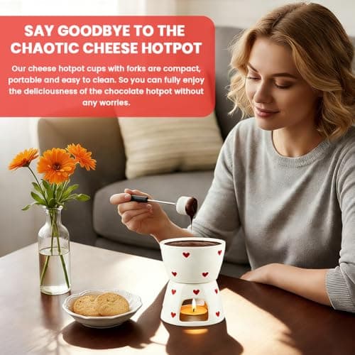 Fondue Cup with 2 Dipping Forks,Ceramic Chocolate Melting Cup Set,Mini Chocolate Melting Mug For Date Night Birthday Wedding Gifts,Can Mel t Chocolates,Butter and Cheese(12*10.5*10.3cm,COLOR:White) — view 4