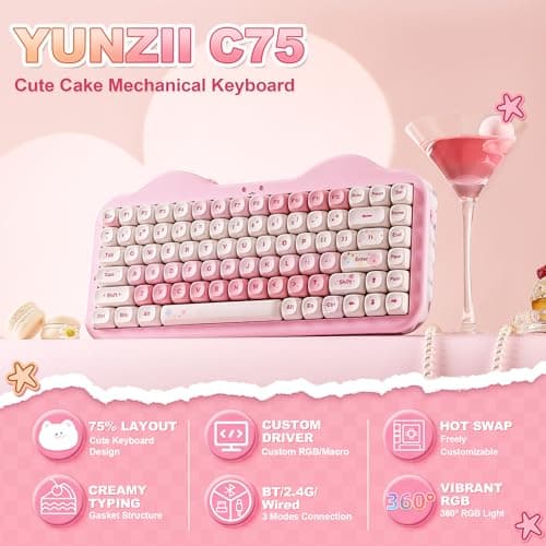YUNZII C75 Wireless Mechanical Keyboard, 75% Layout Hot Swap Creamy Keyboard NKRO, Cute Keycaps RGB Backlit Gasket Mount, Cute Cake Design BT5.0/2.4G/USB-C for Win/Mac (Pink, Candy Linear Switch)