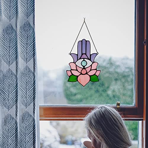 HAOSUM Hamsa Hand Decor Stained Glass Window Hangings,Lotus Flower Suncatchers for Windows Amulet Meditation Home Decor,Spiritual Gift for Women,Baptism Blessing Housewarming Gift — view 2