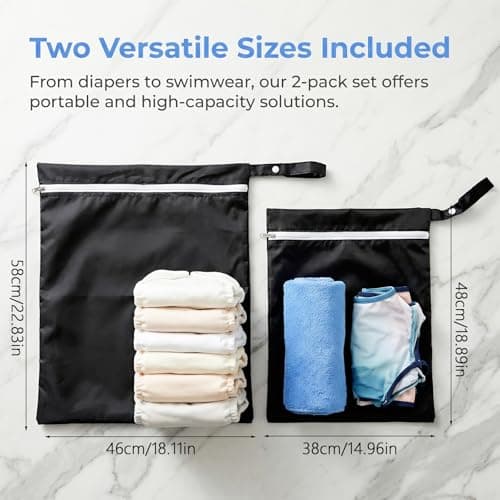 UPEOXT 2 Pack Wet Dry Bag for Baby Cloth Diaper, Waterproof Swimming Bags, Large 46x58cm, Small 38x48cm, Black Travel Laundry Bag, Reusable Pool Clothes for Swimsuit, Durable Zippered Pouch for Kids