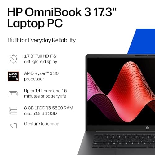 HP OmniBook 3 17.3 inch Laptop PC, FHD Display, AMD Ryzen 3 30, 8 GB RAM, 512 GB SSD, AMD Radeon 610M Graphics, Windows 11 Home, Mica Silver, 17-dp0199nr