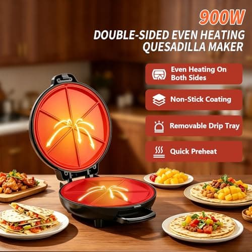 Quesadilla Maker 10 Inch, 900W Dual Heating, 6 Wedges in 3 Mins, Nonstick Plates Easy to Clean, Locking Latch, Safe & Steady, Black
