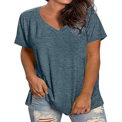 Women's Plus Size V Neck T Shirts Casual Summer Short Sleeve Tops Spring Basic Tees Loose Fit Vacation Tunic Blouses
