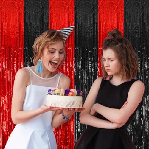 2 Pack Black and Red Party Backdrop Streamers Decorations Foil Fringe Curtains Metallic Tinsel Backdrop for Birthday Halloween Christmas New Year Fancy Ball Graduation Party Decor — view 4