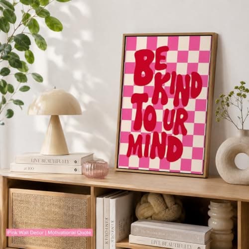 Framed“Be Kind to UR Mind”Canvas Wall Art,Pink Preppy Inspirational Painting Picture Wall Decor,Fashion Girly Poster Print Artwork,for Living Room Bedroom Girl Room Home Decoration — view 5