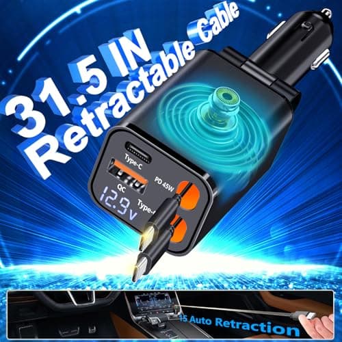 [Apple MFi Certified] Retractable Car Charger, Linocell 120W USB C Car Charger Dynamic Power Adapter 4 in 1 PD/QC Type C Fast Charging Cigarette Lighter for iPhone 17/17 Pro Max/16 Pro/15/Galaxy/Pixel — view 3
