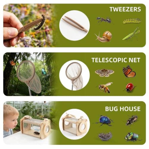 KDSFT Wooden Bug Catcher for Kids, Outdoor Explorer Bug Catching Kit with Butterfly Kit, Bug Habitat & Magnifying Glass, Adventure Set for Backyard & Camping, Outdoor Toys for Toddlers 3+ Years