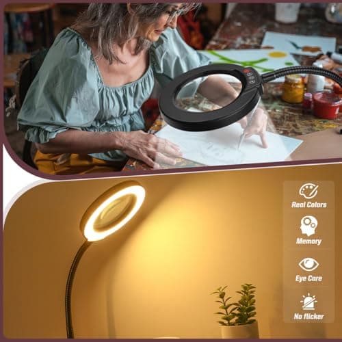 Krstlv 10X Magnifying Glass with Light and Stand, 16.5in Flexible Goose-Neck, 5 Color Modes Stepless Dimmable LED Lighted Desk Lamp, Hands Free Magnifier for Crafting Hobby Painting Close Work - Black — view 5