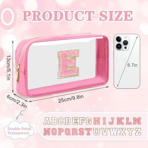 Mini Clear Personalized Initial Makeup Bag, Nylon Preppy A-Z Chenille Letter Patch Zipper Cosmetic Bag, Small Cute Pouch Travel Coin Purse Toiletry Bag, Small-Pink, E, Preppy, Personalized