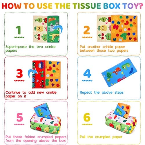 YOGINGO Baby Toys 6 to 12 Months - Tissue Box Toy Montessori for Babies 6-12 Months, Soft Stuffed High Contrast Crinkle Infant Sensory Toys, Boys&Girls Kids Early Learning Gifts — view 4
