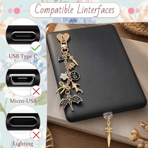 Wxiben Dust Plug Charm Chains for Kindle 3 Pcs Phone Charms with Chain Bracelet Strap Decorating Accessories Gift for Reader Book Lovers Women Men Charms Compatible for E-Reader Type C (Fantasy) — view 3
