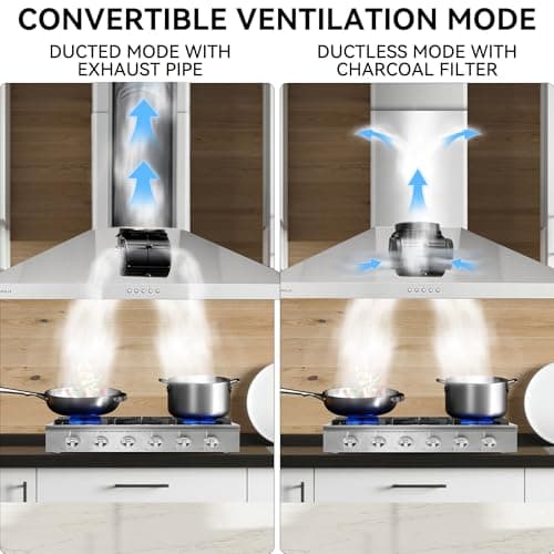 30 Inch(758mm) Wall Mount Range Hood, 550 CFM Stainless Steel Chimney Vent Hood, Ducted/Ductless Convertible, 3-Speed Push Button Control, Dishwasher-Safe Filters, LED Strip Light — view 3