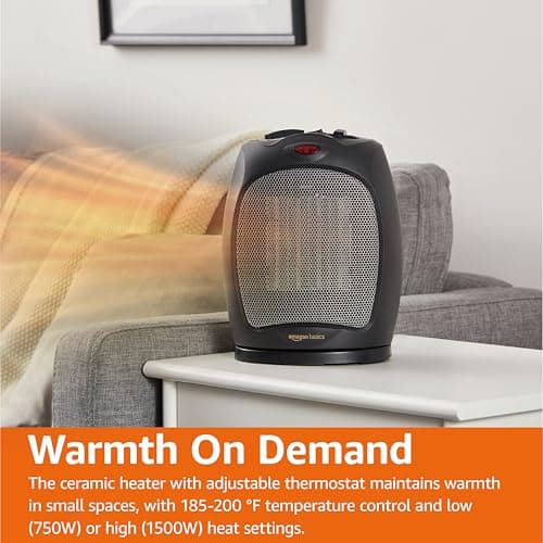 Amazon Basics Oscillating Ceramic Space Heater, Portable Fast Heating Indoor Solution, With Overheat and Tip-Over Protection, Thermostat, 1500W, 7.52"D x 6.34"W x 9.45"H, Black — view 5
