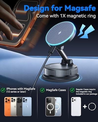 15W MagSafe Car Mount Charger, Magnetic Wireless Car Charger with Vacuum Suction Cup & Nano Adhesive Base, 360° Rotatable Strong Hold Car Phone Mount for iPhone 17 16 15 14 13 12 Series, Samsung S26 — view 4