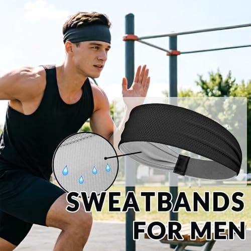 Sweatbands for Men 4 Pack, Moisture Wicking Sports Headbands for Men, Non Slip Running Headband, Elastic Breathable Sweat Bands for Running, Tennis, Football, Baseball, Soccer, Gym, Cycling, Workout