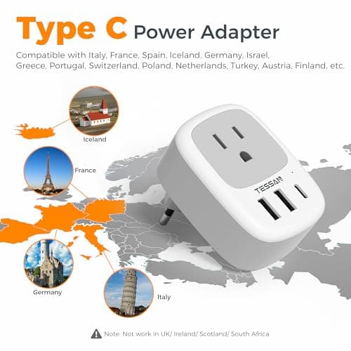 Canada to European Travel Adapter 2 Pack, TESSAN Plug Adaptor with 1 Outlet and 3 USB Ports(1 USB C), Type C Power Plug for Most of Europe Finland, France, Germany, Greece, Italy, Korea