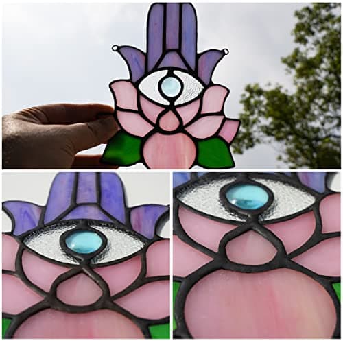 HAOSUM Hamsa Hand Decor Stained Glass Window Hangings,Lotus Flower Suncatchers for Windows Amulet Meditation Home Decor,Spiritual Gift for Women,Baptism Blessing Housewarming Gift — view 4