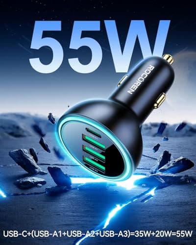 Rocoren 4-Port 55W Car Charger, PD3.0 QC3.0 Super Fast Charging USB C Car Charger for Multiple Devices, Cigarette Lighter Adapter for iPhone 17/16/15/14 Series, iPad Pro, Samsung S25/S24 Ultra, Pixel — view 3