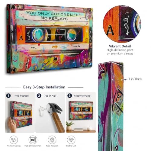 Retro Cassette Tape Canvas Wall Art, You Only Got One Life No Replays Graffiti Wall Decor, Vintage 80s 90s Music Framed Artwork for Living Room Bedroom Home Decoration 12x16 Inch — view 3
