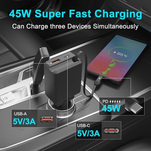 Retractable Car Charger, Total 75W Fast Charger 3 in 1 USB C Car Adapter, Retarctable Type C Cables (30 inch) and 2 USB Ports, Compatible with iPhone 16/15 Series, iPad, Galaxy, Pixel, Laptop and More — view 4