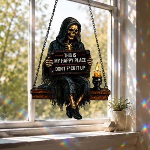 Gothic Skeleton Sun Catcher Handmade Stained Glass Spinner, This is My Happy Place Skeleton Hanging Indoor Window, Funny Sun Catchers Gothic Decor Horror Gifts for Women Men Friend — view 3