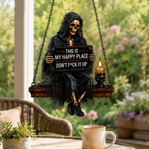 Gothic Skeleton Sun Catcher Handmade Stained Glass Spinner, This is My Happy Place Skeleton Hanging Indoor Window, Funny Sun Catchers Gothic Decor Horror Gifts for Women Men Friend — view 5