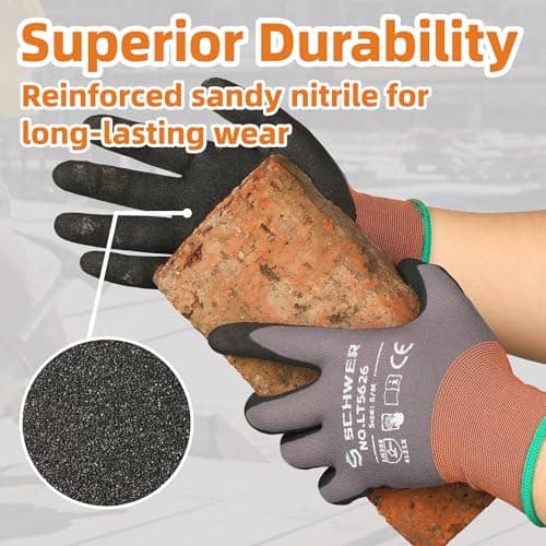 Schwer 3 Pairs Work Gloves Sandy Nitrile Coated LT5626, Level 6 Abrasion Resistant (Certified) Heavy Duty Working Gloves with Grip for Men Women, Touch-Screen, for Gardening, Construction, L