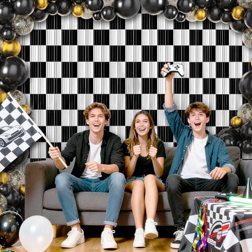 Crosize 2 Pack 3.3 x 9.9 ft Race Car Party Decorations Fringe Curtains, Black & White Tinsel Curtain Backdrop for Parties, Door Streamers, Glitter Streamer Backdrop for Birthday Decoration — view 4