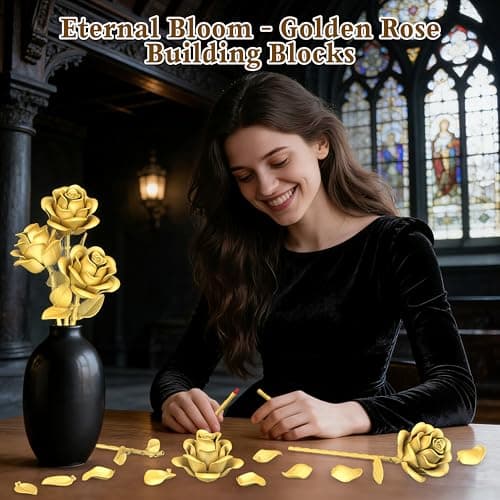 QIFUN Gold Roses Flower Building Set - 3 Roses Bouquet Botanical Building Blocks for Adult, Home Decor Romantic Anniversary Valentine's Day Gift for Her, Wife, Girlfriend, Mom