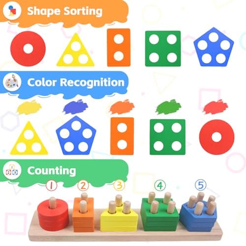 YHHYTOY Montessori Toys for 1 2 3 Year Old - Wooden Baby Stacking Toys Sensory Educational Shape Sorter Color Sorting Toy for Toddlers 1-3, Preschool Learning Birthday Gifts for Baby Girls Boys Kids — view 2