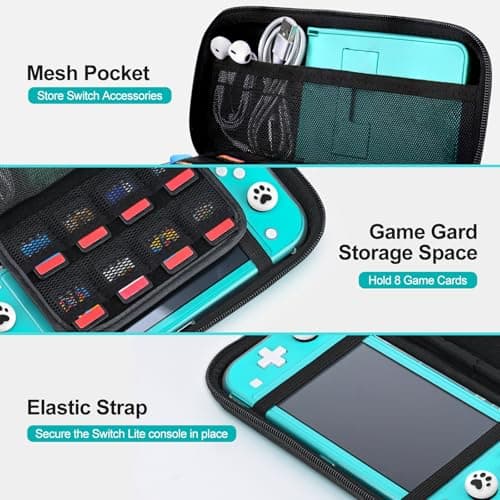 innoAura Switch Lite Case 12-in-1 Accessories Bundle for NS Switch Lite (2019), with Protective Carrying Case, Hand Strap, Screen Protector & Cute Thumb Grips, Black — view 3