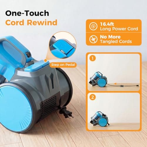 NEWBULIG Canister Vacuum Cleaners for Home, Strong Suction Bagless Vacuum Cleaner, 1000W 16Kpa for Hard Floor and Carpet, Retractable Cord,1.8L Large Dust Cup, Blue — view 2