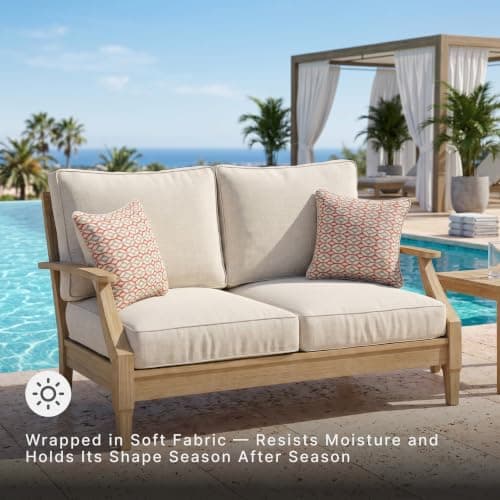 Signature Design by Ashley Clare View Eucalyptus Wood Outdoor Loveseat, Patio Couch with Nuvella Cushions, 56" W x 35" D x 32" H, Beige — view 5